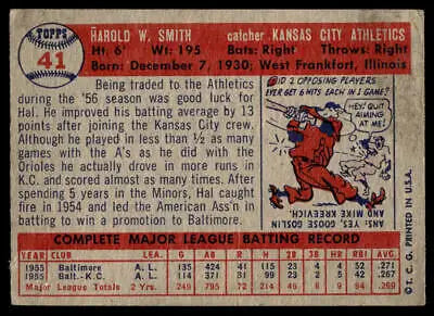 Vintage 1957 Topps #41 Hal Smith baseball card featuring the Kansas City Athletics