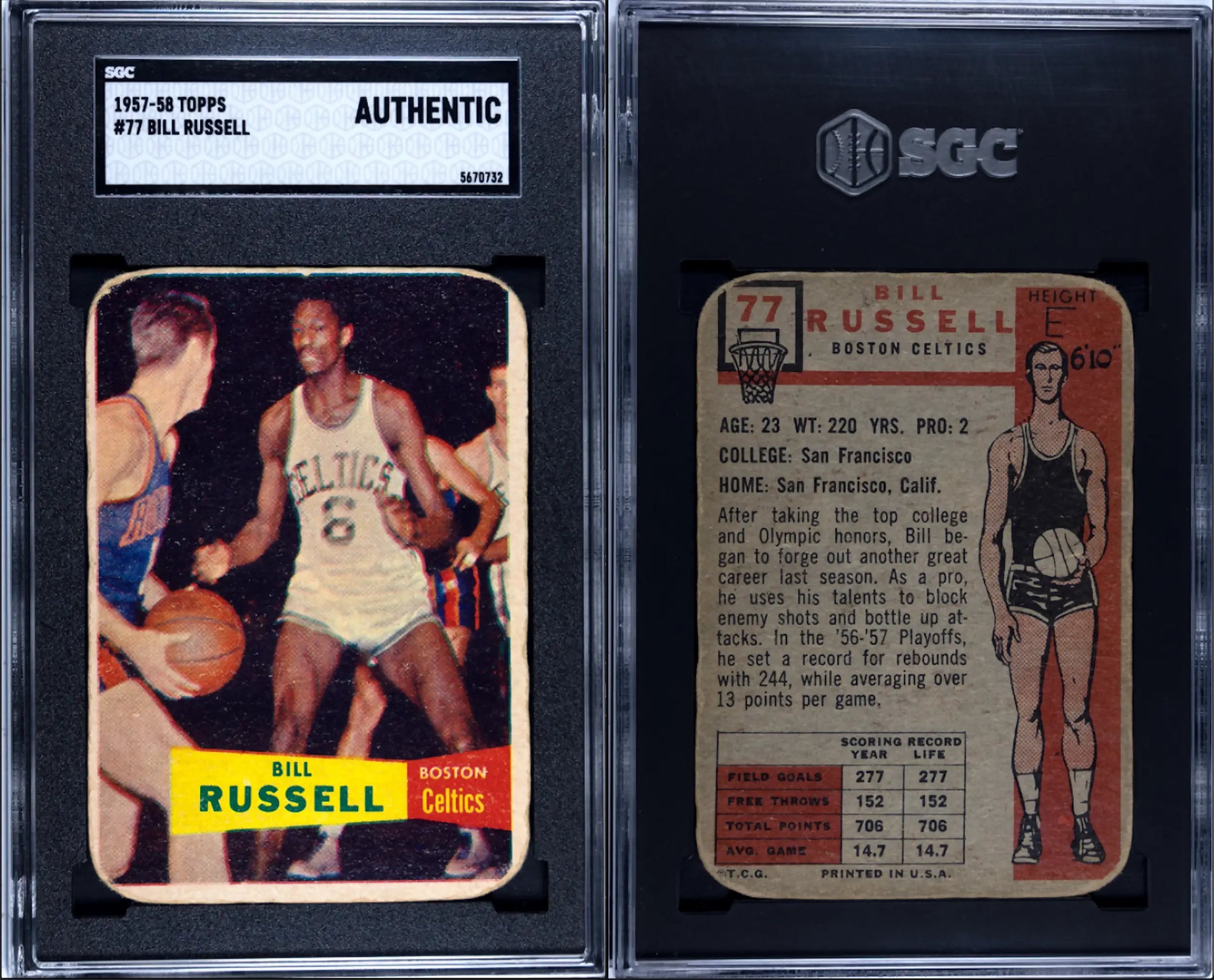 1957 Topps #77 Bill Russell Rookie Card SGC A NBA HOF RC BOSTON CELTICS GREAT!!! - Basketball Card Single