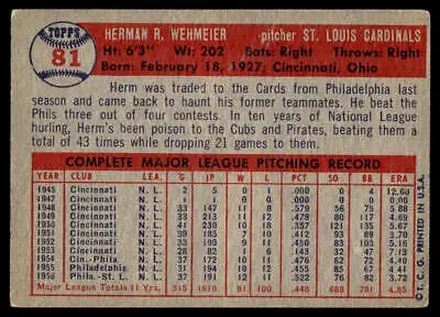 Vintage 1957 Topps #81 Herm Wehmeier baseball card for collectors and enthusiasts