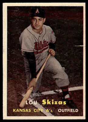 Vintage 1957 Topps #83 Lou Skizas baseball card featuring the Kansas City Athletics