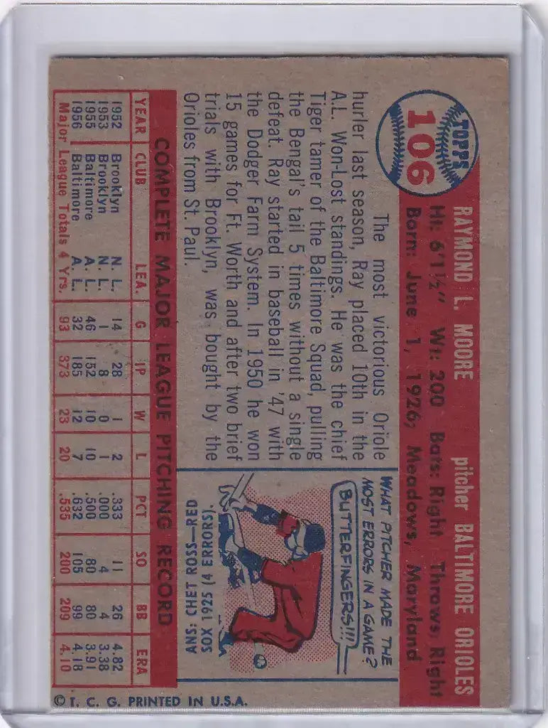 1957 Topps Baseball #106 Ray Moore - Baltimore Orioles