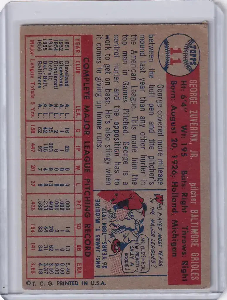 1957 Topps Baseball #11 George Zuverink - Baltimore Orioles