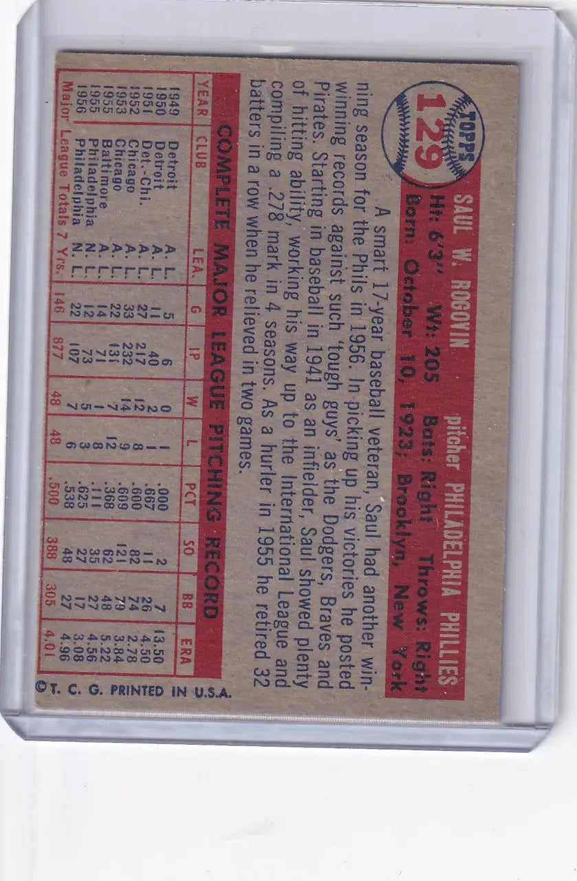 1957 Topps Baseball #129 Saul Rogovin - Philadelphia Phillies