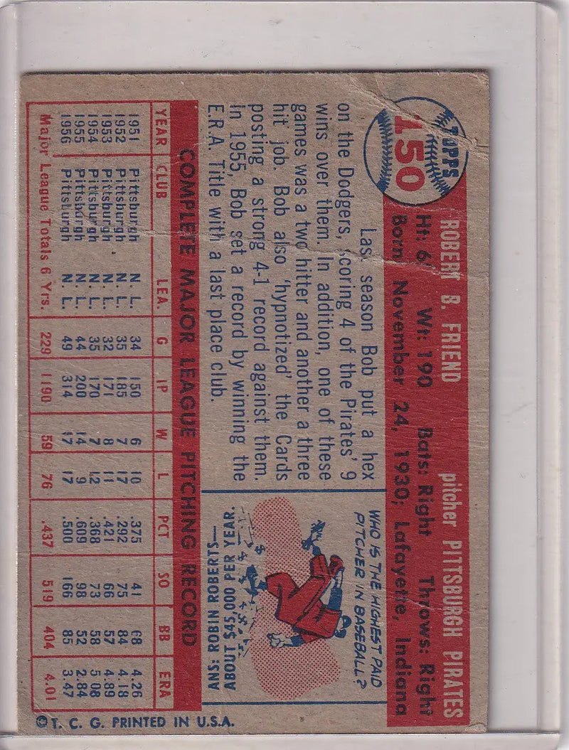 1957 Topps Baseball #150 Bob Friend - Pittsburgh Pirates