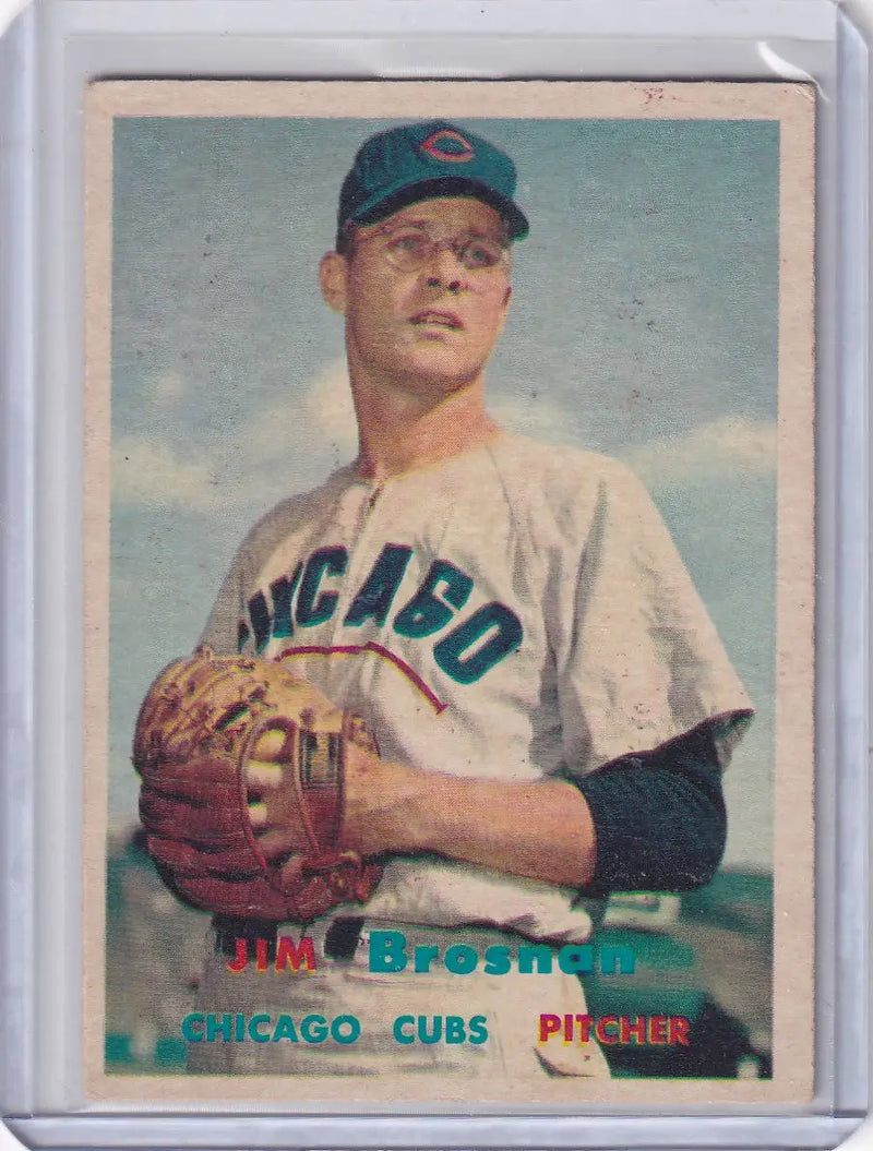 Vintage 1957 Topps Baseball card featuring Jim Brosnan of the Chicago Cubs