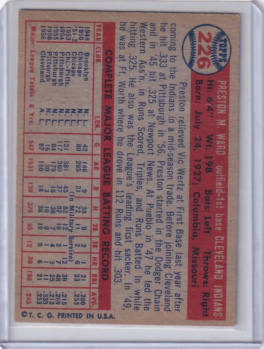 Vintage 1957 Topps Baseball card of Preston Ward Cleveland Indians player stats