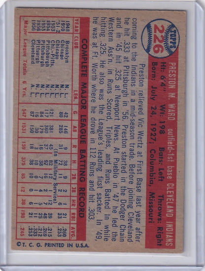 Vintage 1957 Topps Baseball card of Preston Ward Cleveland Indians player stats