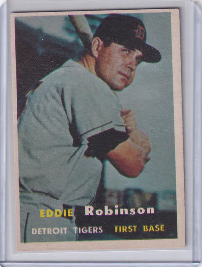 1957 Topps Baseball Eddie Robinson Detroit Tigers card showcasing vintage baseball memorabilia