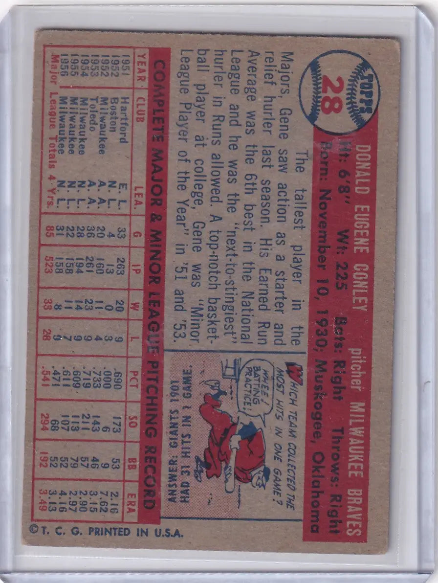 Vintage 1957 Topps Baseball card of Gene Conley, Milwaukee Braves pitcher