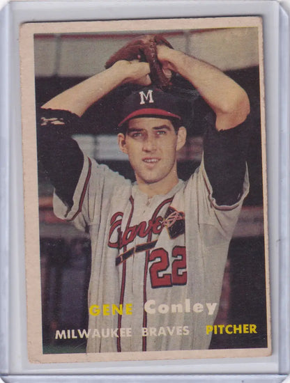 Vintage Topps Baseball card of Gene Conley in Milwaukee Braves uniform
