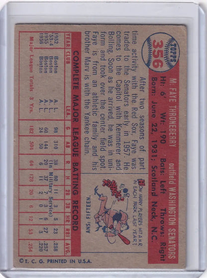 1957 Topps Baseball Faye Throneberry Washington Senators card displayed in product