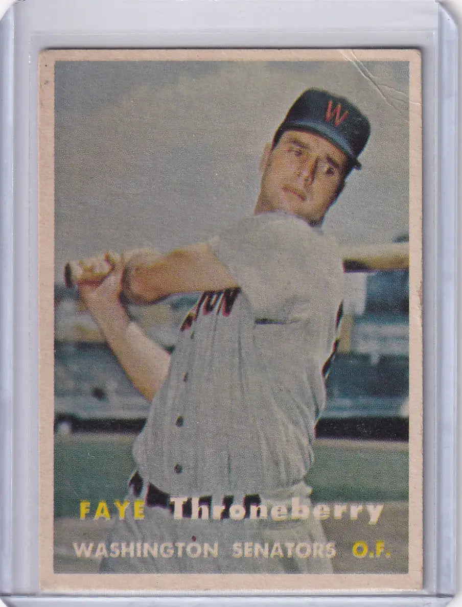 Vintage Topps Baseball card of Faye Throneberry from Washington Senators 1957 series