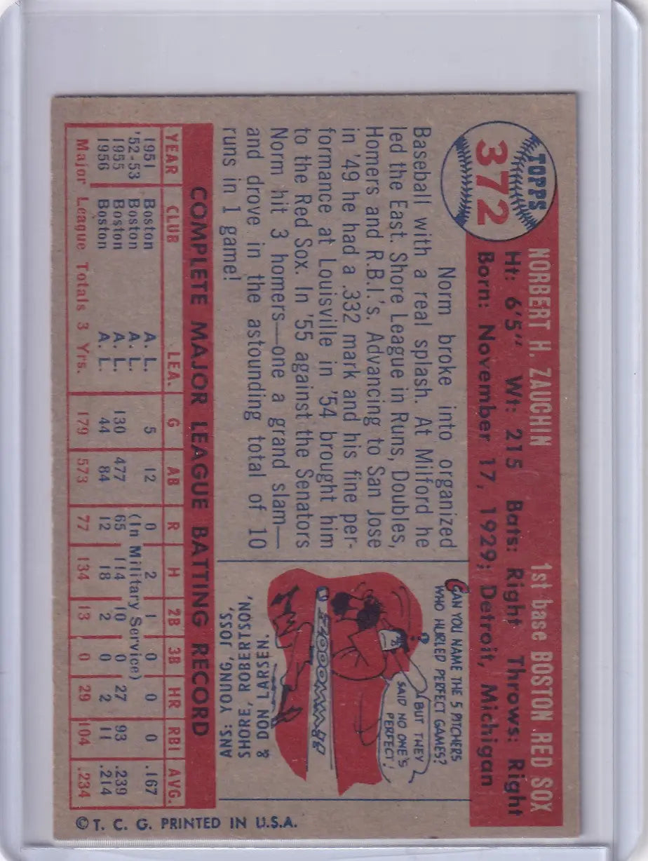 Vintage 1957 Topps Baseball card featuring Norm Zauchin of the Boston Red Sox