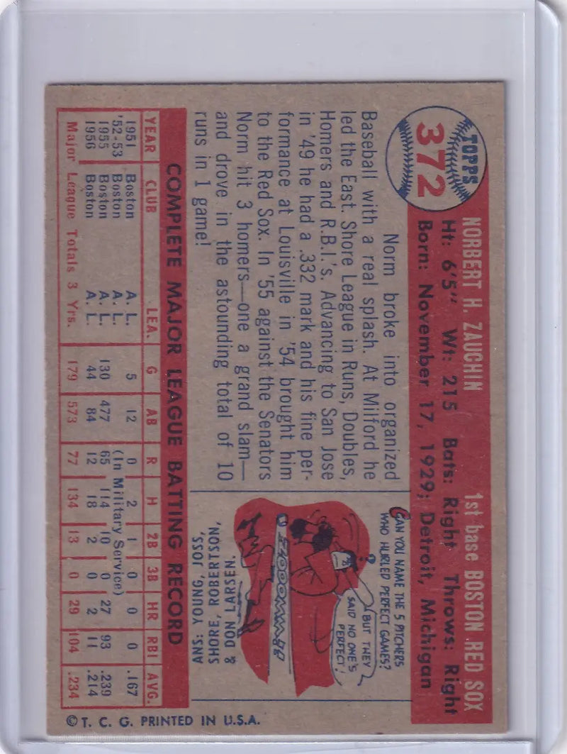 Vintage 1957 Topps Baseball card featuring Norm Zauchin of the Boston Red Sox