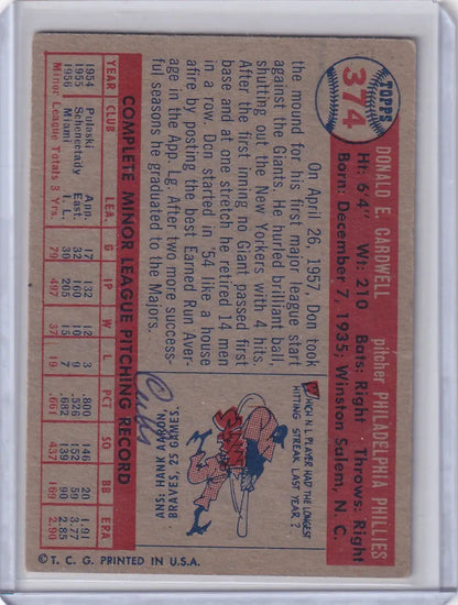 1957 Topps Baseball Don Cardwell Philadelphia Phillies rookie card alt image