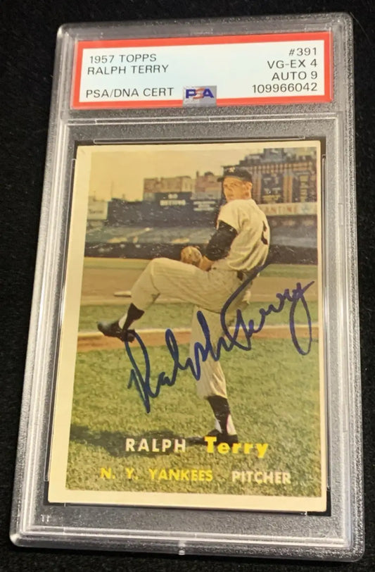 Graded 1957 Topps Baseball Ralph Terry card with autograph and PSA 4 DNA 9