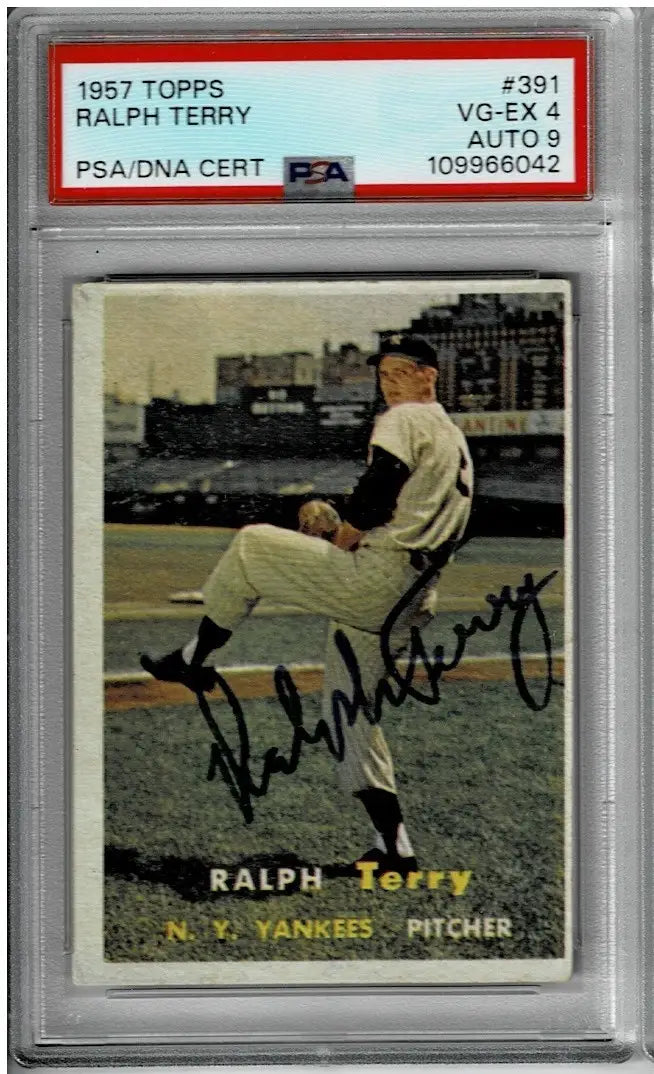Graded and authenticated 1957 Topps Baseball Ralph Terry card with autograph and PSA 4 DNA 9