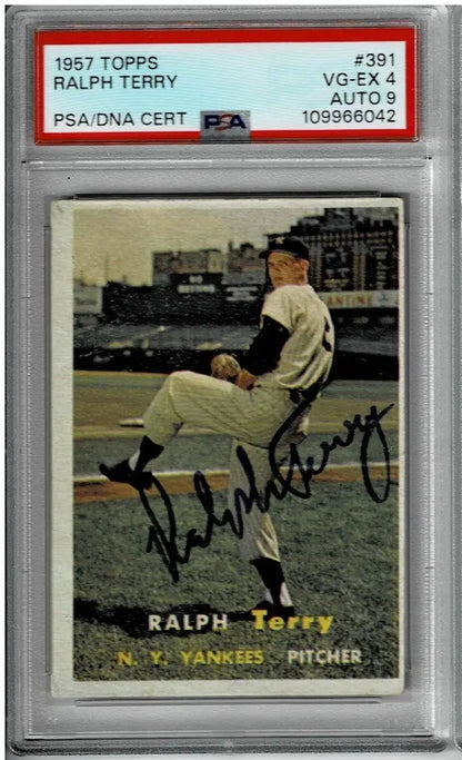 Graded and authenticated 1957 Topps Baseball Ralph Terry card with autograph and PSA 4 DNA 9