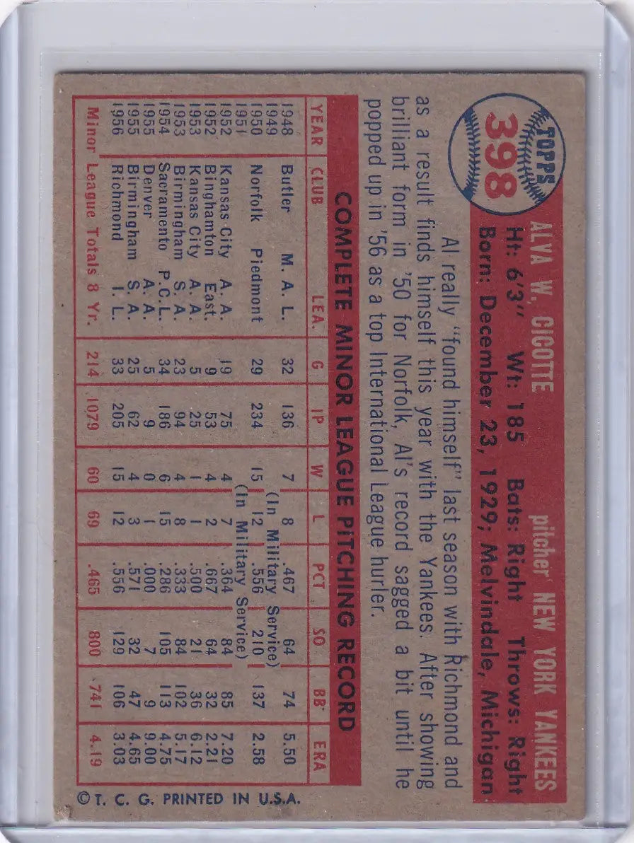 Vintage 1957 Topps Baseball card of Al Cicotte with stats and bio, New York Yankees RC