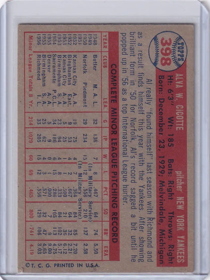 Vintage 1957 Topps Baseball card of Al Cicotte with stats and bio, New York Yankees RC