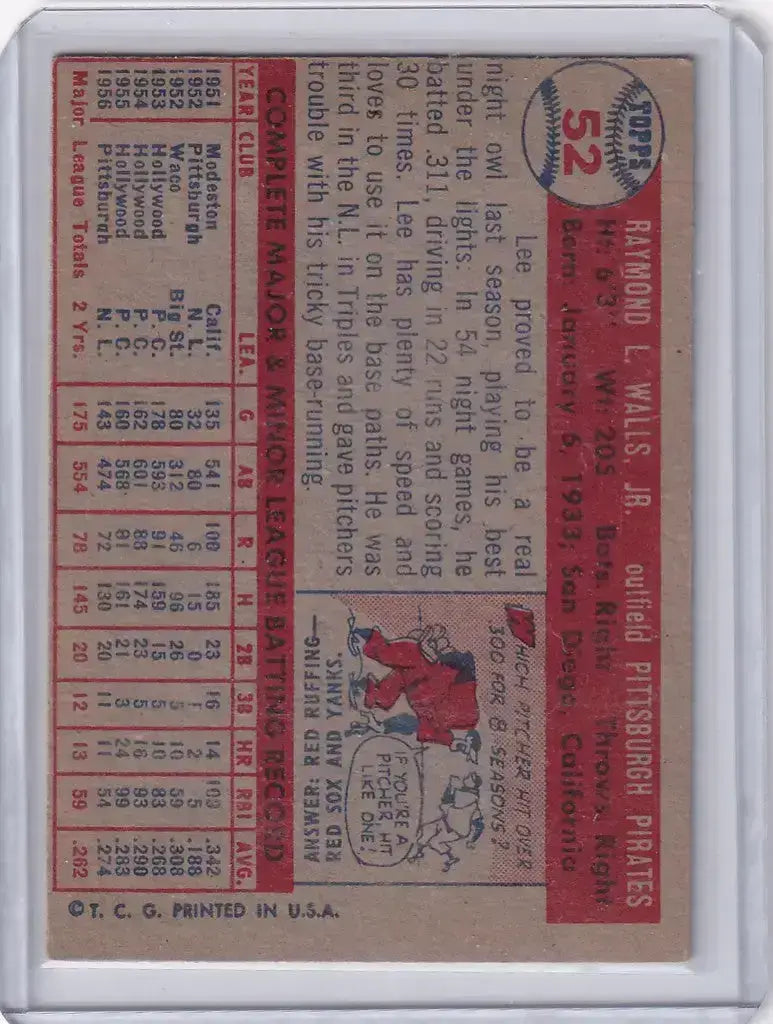 1957 Topps Baseball #52 Lee Walls - Pittsburgh Pirates