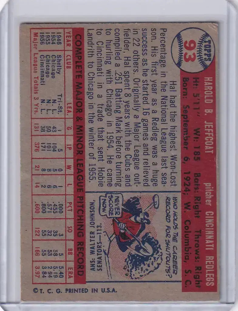 1957 Topps Baseball #93 Hal Jeffcoat - Cincinnati Reds