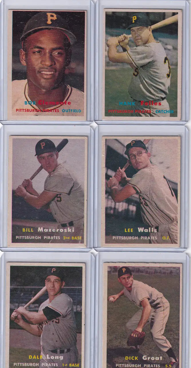 Collection of vintage Topps Baseball Pittsburgh Pirates cards in a 2x3 grid