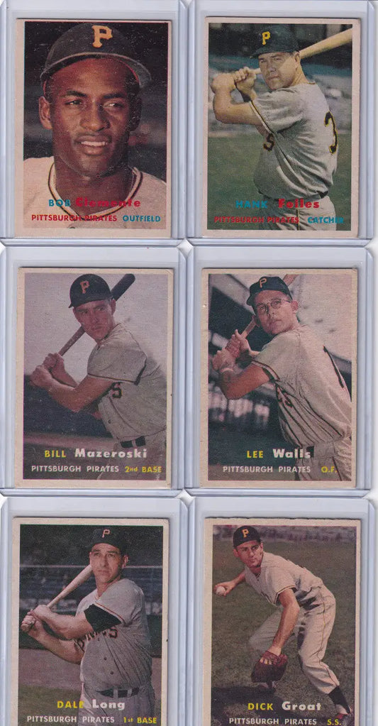 Collection of vintage Topps Baseball Pittsburgh Pirates cards in a 2x3 grid