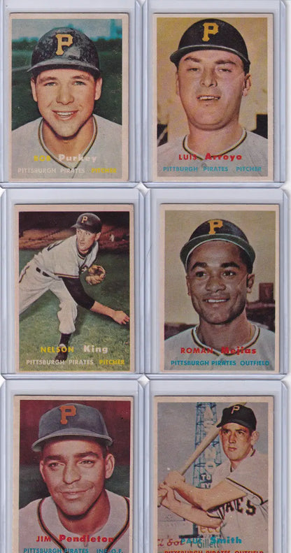 Collection of vintage Topps Baseball Pittsburgh Pirates cards in a 2x3 grid display