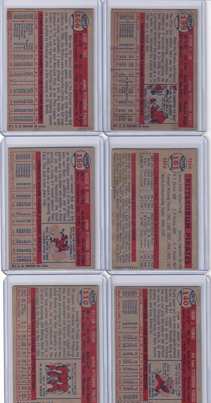 Vintage baseball card backs featuring red text and stats from Topps Baseball Pittsburgh Pirates team