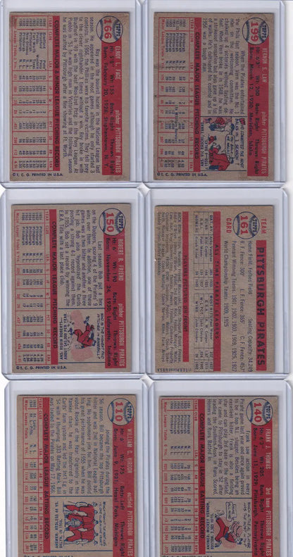 Vintage baseball card backs featuring red text and stats from Topps Baseball Pittsburgh Pirates team