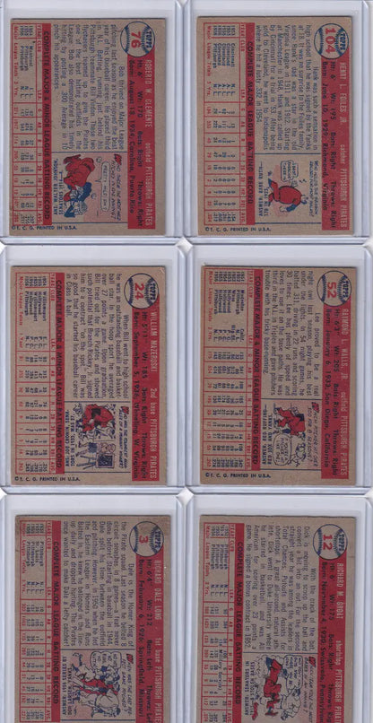 Vintage Topps Baseball trading cards featuring Pittsburgh Pirates team and cartoon illustrations