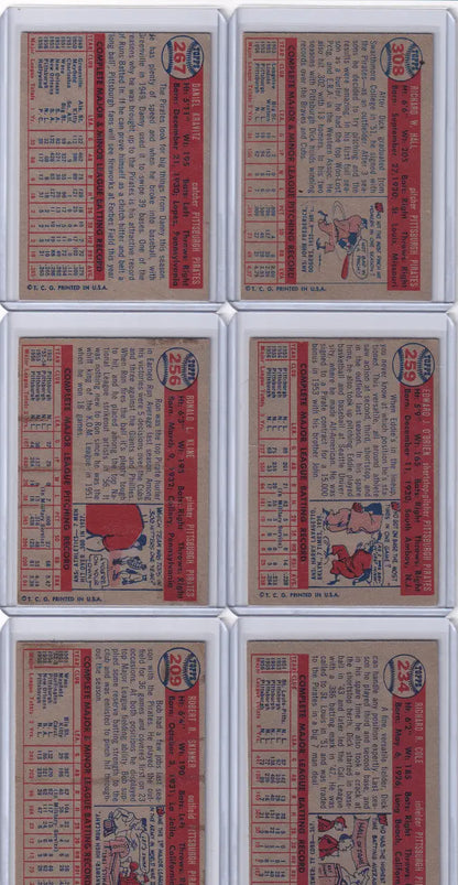 Collection of vintage Topps Baseball cards featuring Pittsburgh Pirates illustrations