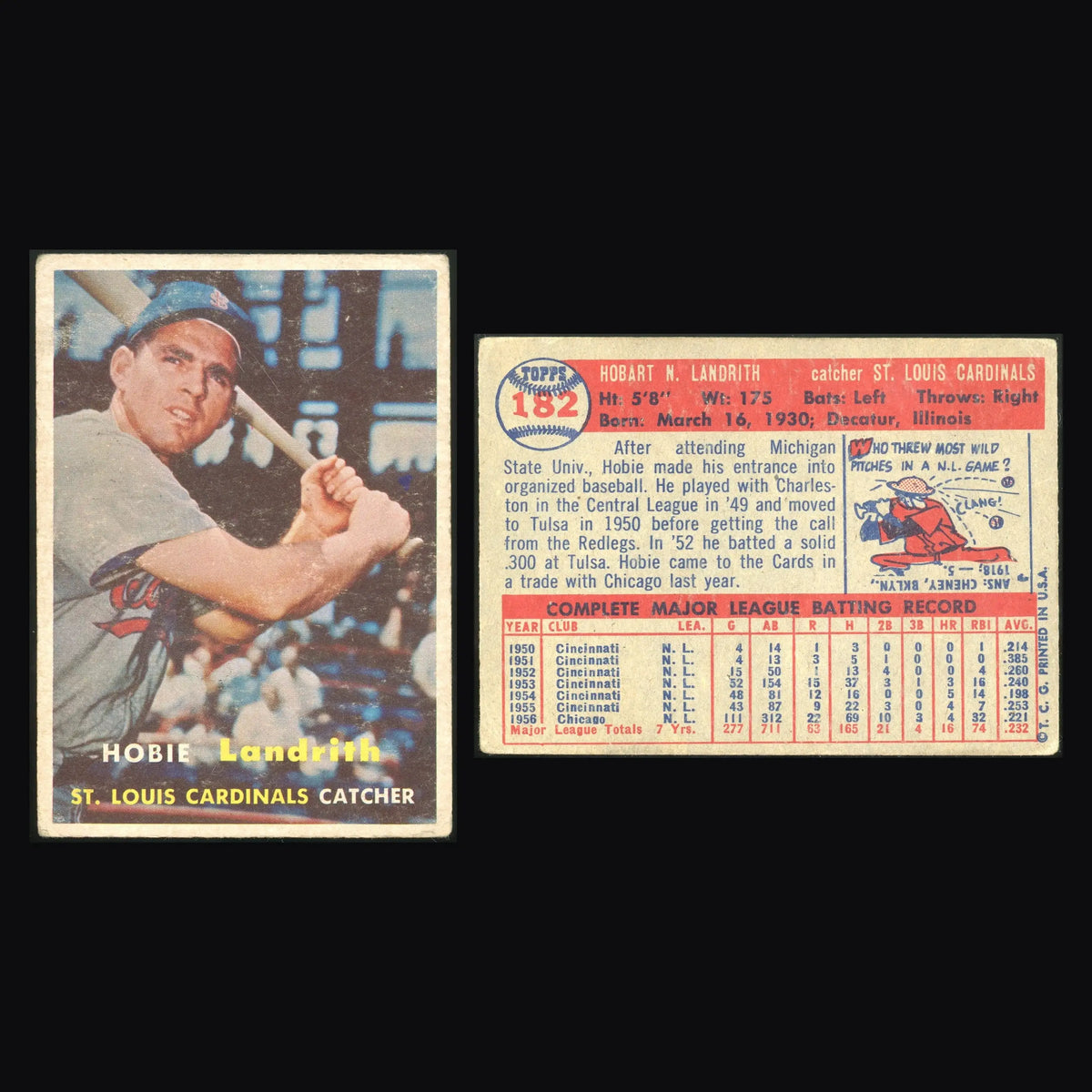 1957 Topps Hobie Landrith #182 St. Louis Cardinals - Baseball Card Single