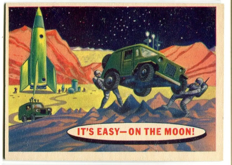 Retro moonscape scene from 1957 Topps Space Cards trading card #38 It’s Easy-On the Moon