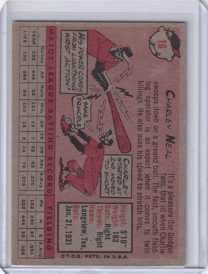 Vintage 1958 Topps Charlie Neal baseball card featuring Los Angeles Dodgers player