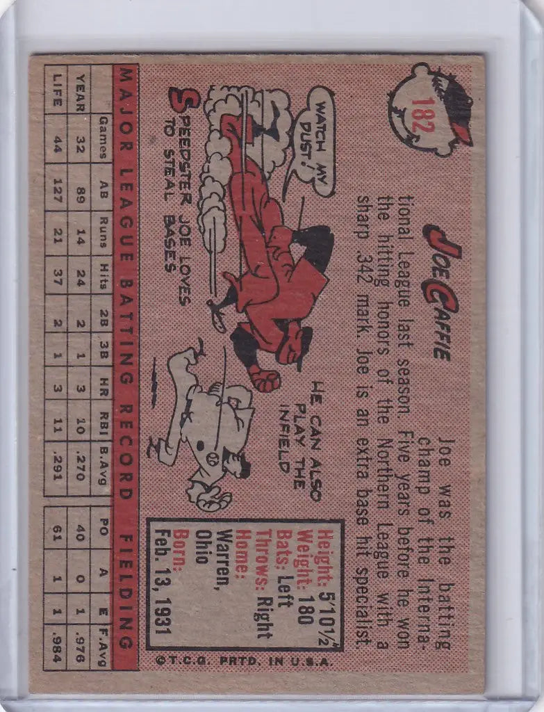 Vintage baseball card of Joe Caffie - Cleveland Indians with cartoon illustrations and stats