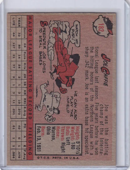 Vintage baseball card of Joe Caffie - Cleveland Indians with cartoon illustrations and stats
