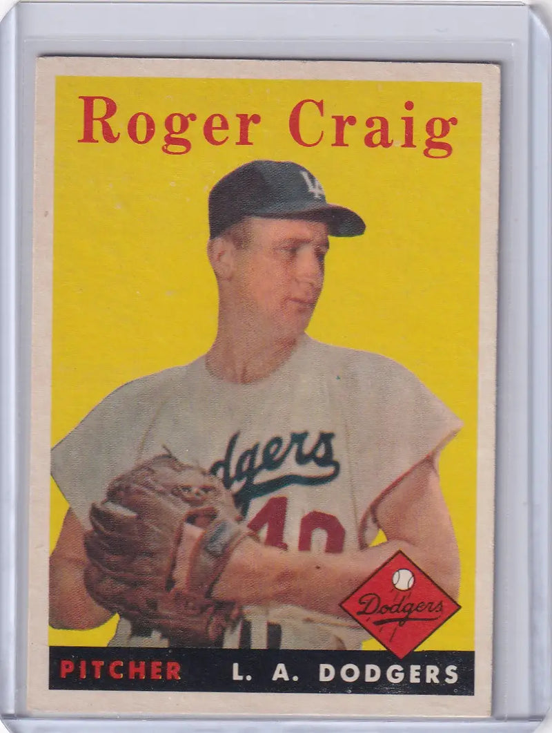 Vintage Roger Craig baseball card from 1958 Topps featuring Los Angeles Dodgers player