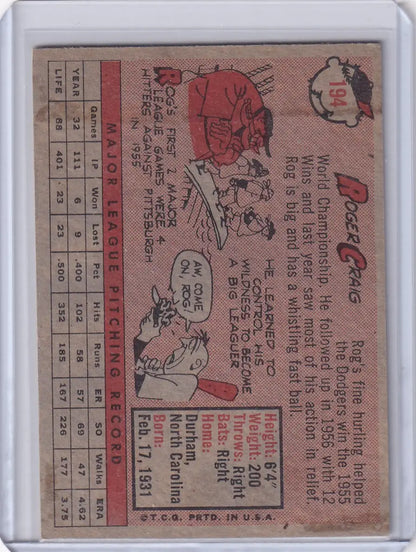 Vintage Roger Craig baseball card from 1958 Topps featuring Los Angeles Dodgers player