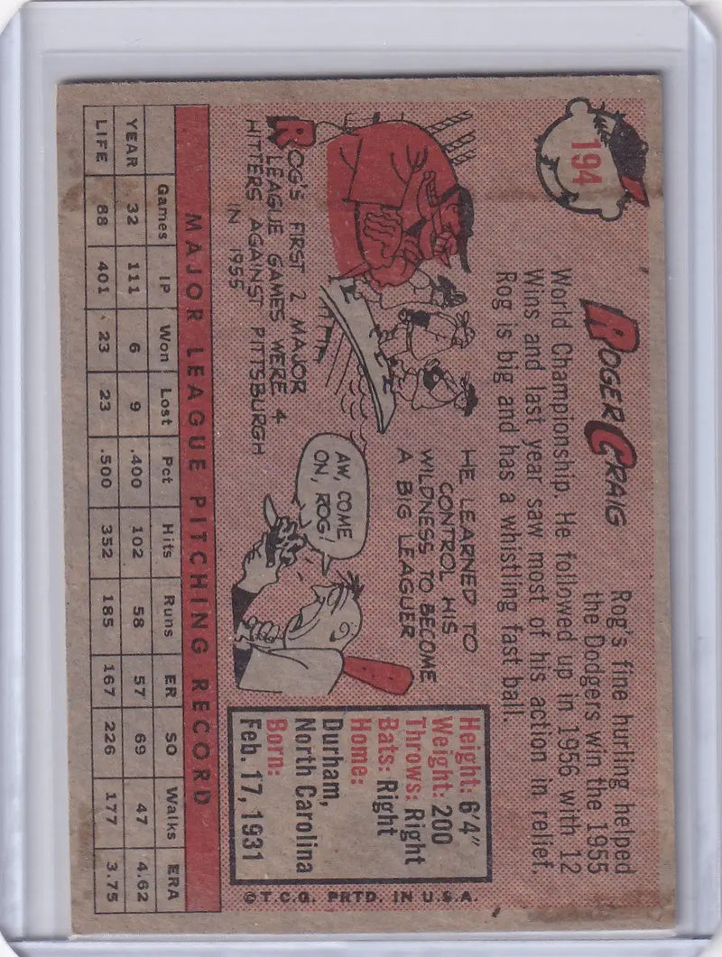 Vintage Roger Craig baseball card from 1958 Topps featuring Los Angeles Dodgers player