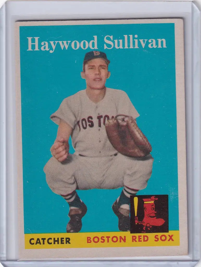 Baseball card of Haywood Sullivan in crouched position, Boston Red Sox uniform