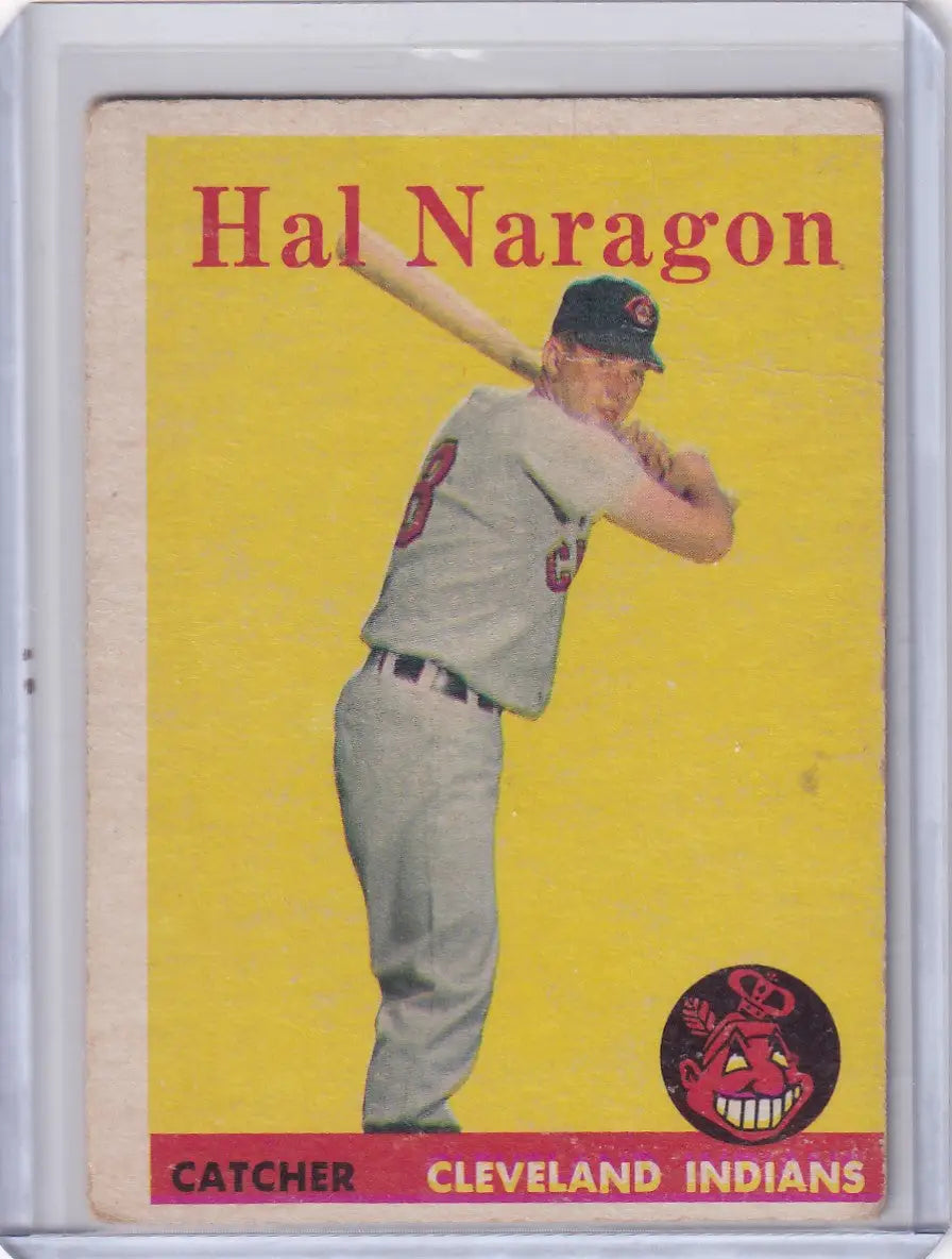 Baseball trading card of Hal Naragon, Cleveland Indians catcher from 1958 Topps #22