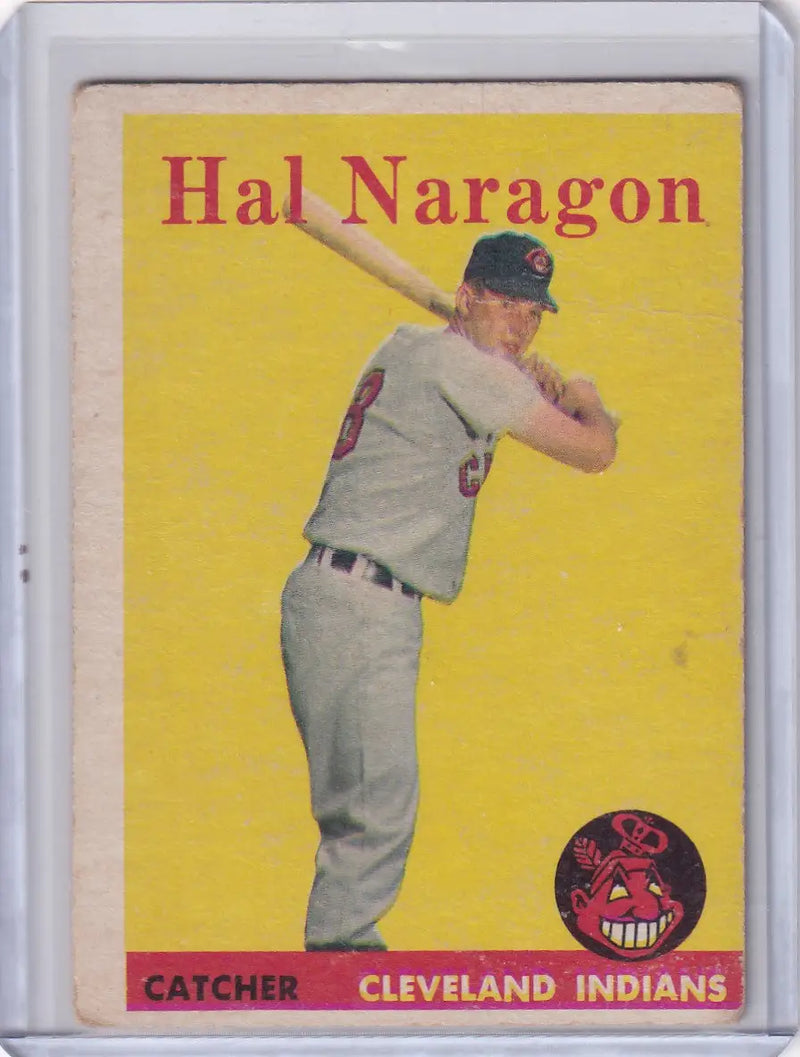 Baseball trading card of Hal Naragon, Cleveland Indians catcher from 1958 Topps #22