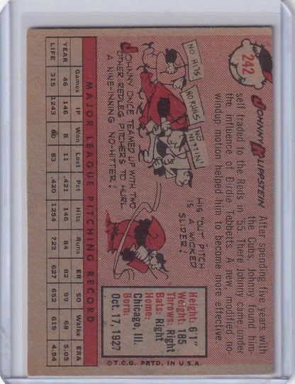 Vintage baseball trading card of Johnny Klippstein from Cincinnati Reds with cartoons