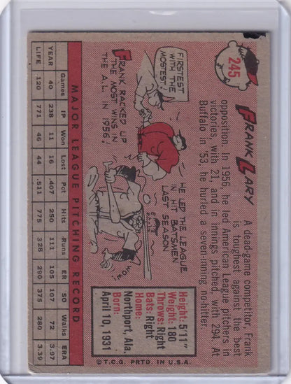 Vintage 1958 Topps Frank Lary Detroit Tigers baseball card with stats and biography