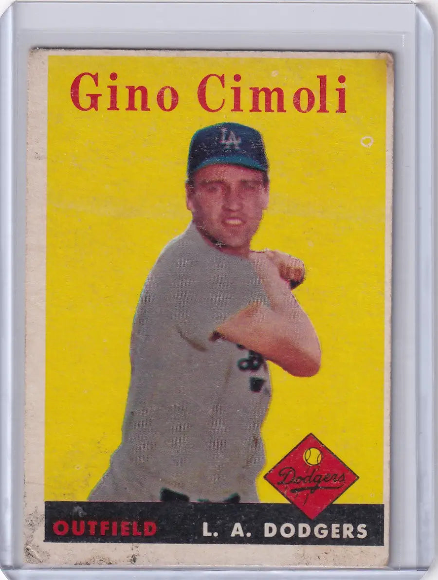 Vintage 1958 Topps Gino Cimoli Los Angeles Dodgers baseball card with yellow background