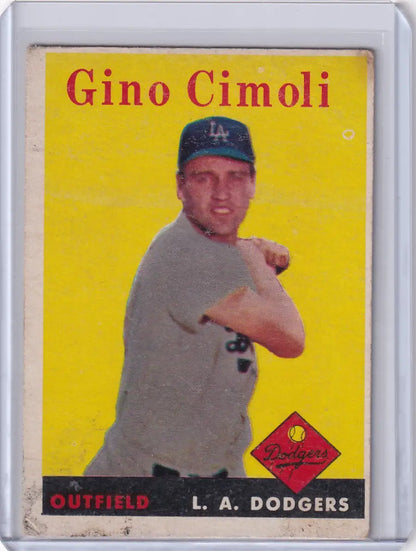 Vintage 1958 Topps Gino Cimoli Los Angeles Dodgers baseball card with yellow background