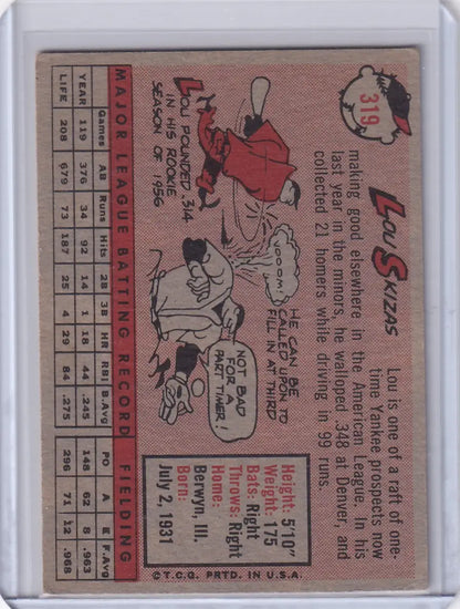 Vintage 1958 Topps Lou Skizas Detroit Tigers baseball card back with stats and illustrations