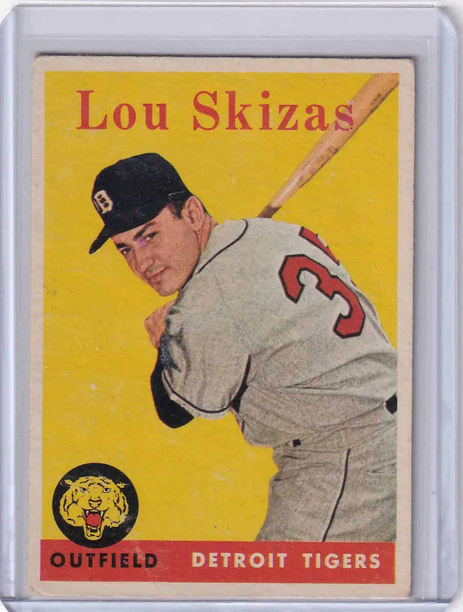 Vintage 1958 Topps Lou Skizas Detroit Tigers trading card in protective sleeve